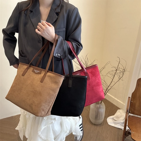 Women Large Capacity Suede Fabric Tote Bag Minimalist Solid Color Shoulder Bag Casual Commute Frosted Texture Handbag
