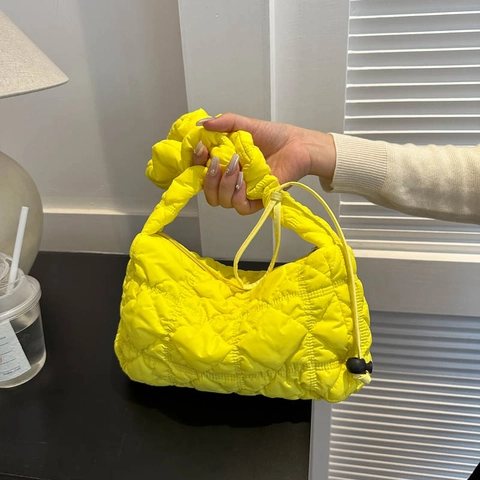 Women Quilted Pleated Cloud Shoulder Bag Oxford Cloth Underarm Bag Drawstring Strap Fashion Street Style Solid Color Purse