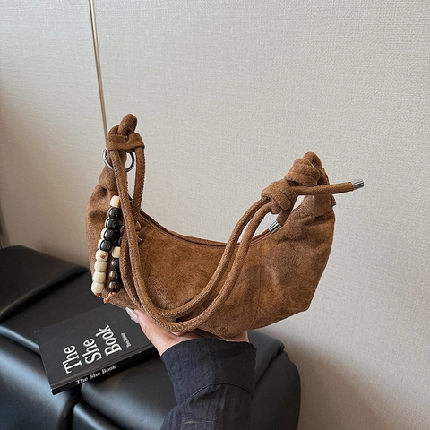Women Suede Hobo Shoulder Bag Crescent Half Moon Shaped With Knotted Strap Wood Bead Charm Retro Pleated Underarm Tote