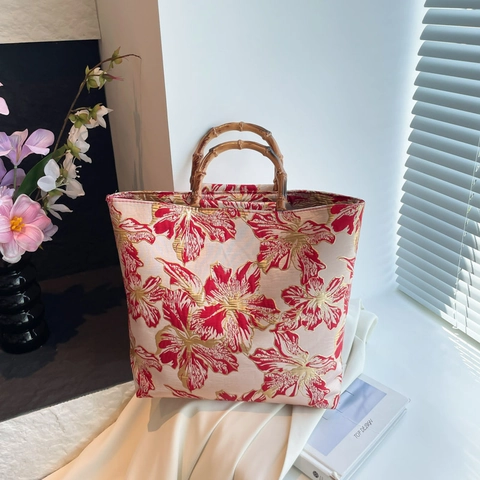Women Retro Flower Jacquard Tote Handbag With Natural Bamboo Handle New Chinese Style Elegant Bag