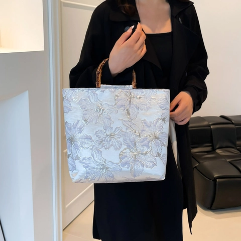 Women Retro Flower Jacquard Tote Handbag With Natural Bamboo Handle New Chinese Style Elegant Bag