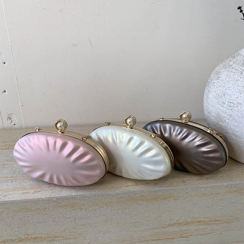 Elegante Shell Abendtasche Plissiertes PU Leder Künstliche Perle Strass Verschluss Metallkette Damen Hochzeit Party