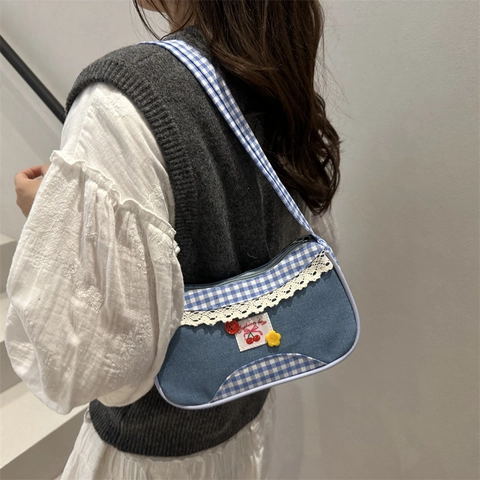 Sweet Denim Underarm Bag Retro Gingham Patchwork Shoulder Bag With Lace Trim Cherry Patch For Women Girls