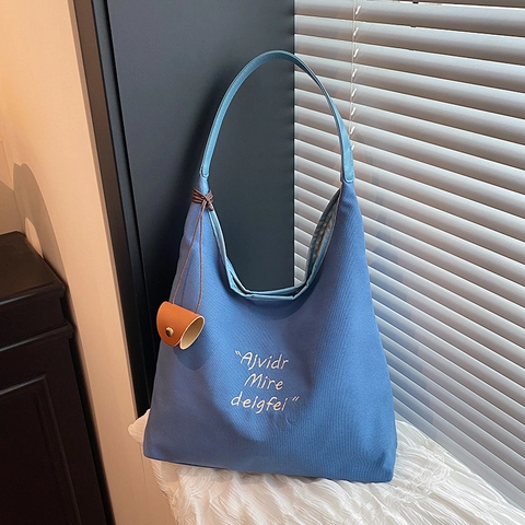 Grand Sac Cabas Toile Femmes Broderie Lettres Minimaliste Casual Épaule Hobo Sac Pour Quotidien