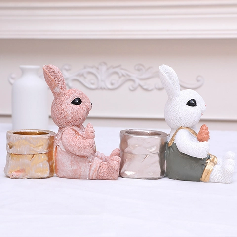 Adorno de Conejo de Pascua Creativo de Resina Cesta de Almacenamiento de Escritorio Maceta Lindo Conejito Rosa Blanco Decoración del Hogar Regalo Festivo de Pascua