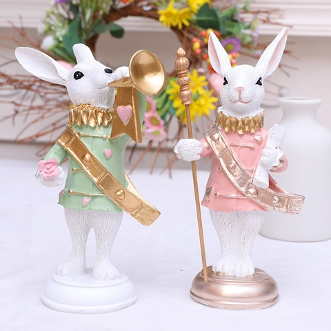 Vintage Resin Easter Bunny Soldier Figurines Blowing Horn And Holding Scepter Statue Home Decor Festive Table Ornament