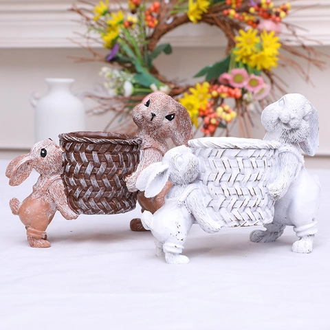 Easter Resin Bunny Rabbit Basket Decoration Vintage Pastoral Style Garden Succulent Planter Desk Storage Ornament