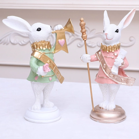 Vintage Resin Easter Bunny Soldier Figurines Blowing Horn And Holding Scepter Statue Home Decor Festive Table Ornament