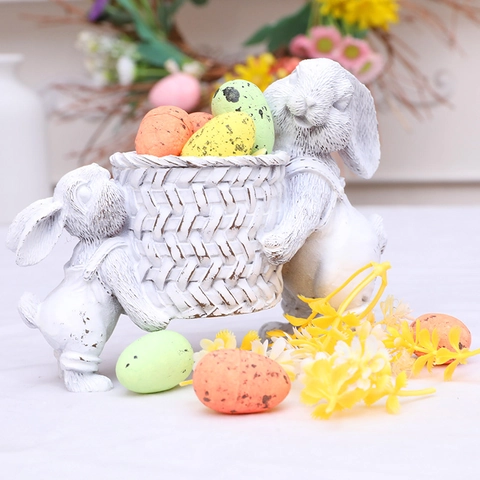Easter Resin Bunny Rabbit Basket Decoration Vintage Pastoral Style Garden Succulent Planter Desk Storage Ornament