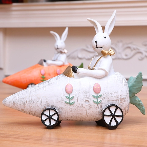 Paashaas Rijdt Wortel Auto Hars Ornament Creatieve Konijn Bureau Beeldje Voor Vakantie Feest Thuis Kantoor Decor