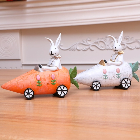 Paashaas Rijdt Wortel Auto Hars Ornament Creatieve Konijn Bureau Beeldje Voor Vakantie Feest Thuis Kantoor Decor