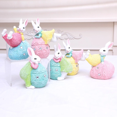 Resin Easter Bunny Egg Figurine With Lace Texture Rhinestone Accents Pastoral Style Rabbit Statues For Spring Home Decorations