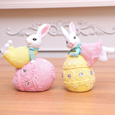 Resin Easter Bunny Egg Figurine With Lace Texture Rhinestone Accents Pastoral Style Rabbit Statues For Spring Home Decorations