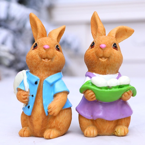 Statues de Lapin de Pâques Figurines de Lapereau en Résine Paire Décoration Maison Jardin Ornements de Table Rétro Pastorale