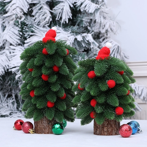 Mini Sapin De Noël Artificiel Décoration De Bureau Avec Bonnet En Tricot Rouge Et Base En Bois Décor De Fête