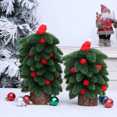 Mini Sapin De Noël Artificiel Décoration De Bureau Avec Bonnet En Tricot Rouge Et Base En Bois Décor De Fête