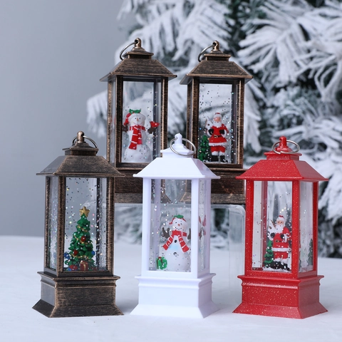 Lanterne de Noël Vintage avec Eau et Paillettes LED Boule à Neige Veilleuse Père Noël Bonhomme de Neige Arbre Décoration