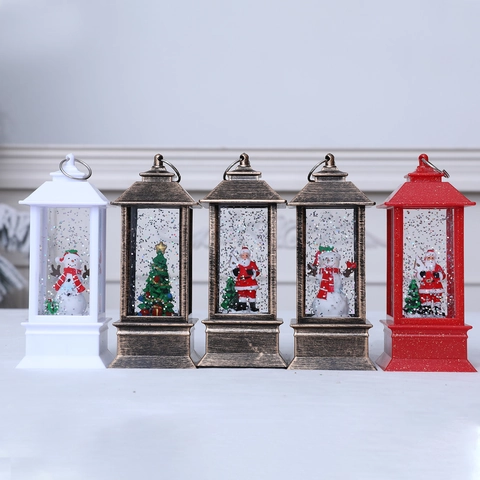 Lanterne de Noël Vintage avec Eau et Paillettes LED Boule à Neige Veilleuse Père Noël Bonhomme de Neige Arbre Décoration