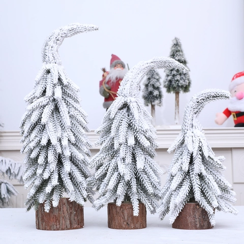 Mini Beflockter Weihnachtsbaum Mit Schneeeffekt Gebogene Spitze Desktop Dekoration Naturholzsockel Nordischer Stil Xmas Geschenk