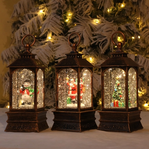 Christmas Snow Globe Lantern Water Filled Swirling Glitter LED Light Vintage Bronze Retro Decor For Santa Snowman Xmas Tree