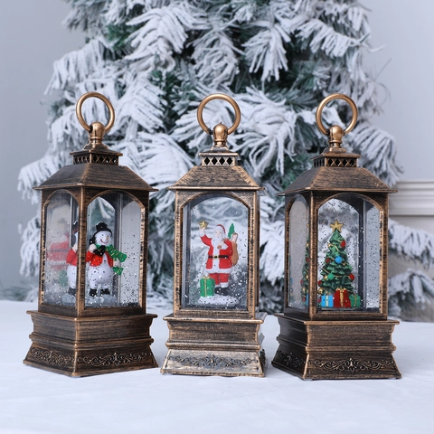 Christmas Snow Globe Lantern Water Filled Swirling Glitter LED Light Vintage Bronze Retro Decor For Santa Snowman Xmas Tree