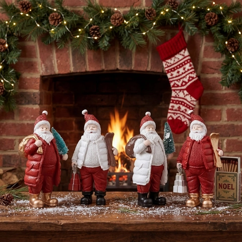 Hars Kerstman Beeldje Met Kerstboom Ski's Cadeautas Rood Wit Gebreide Textuur Kerst Tafeldecoratie Feestdagen Ornament