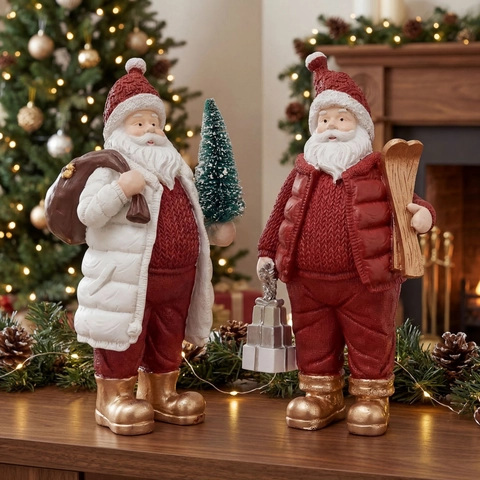 Hars Kerstman Beeldje Met Kerstboom Ski's Cadeautas Rood Wit Gebreide Textuur Kerst Tafeldecoratie Feestdagen Ornament