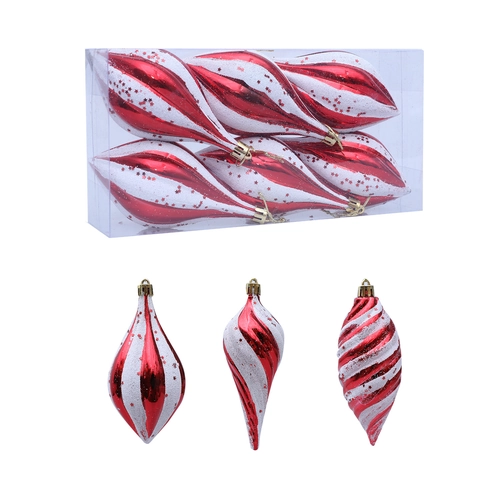 Christmas Tree Ornaments Pointed Spiral Teardrop Finial Balls Plastic Red White Striped Star Glitter Painted Holiday Decor