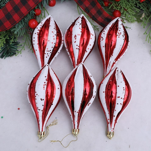 Christmas Tree Ornaments Pointed Spiral Teardrop Finial Balls Plastic Red White Striped Star Glitter Painted Holiday Decor