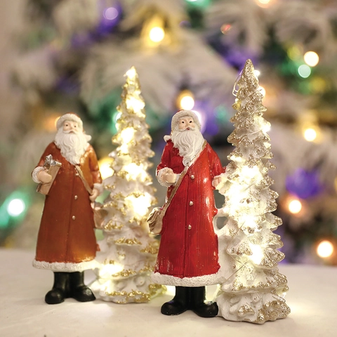 Adorno de Resina de Papá Noel Luminoso Estatuilla de Árbol de Nieve Brillante LED Decoración de Mesa Festiva Regalo de Navidad