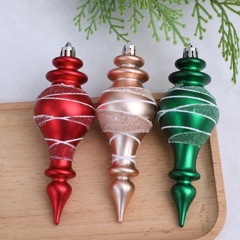 Finial Christmas Ornament Pendants Painted Plastic Spindle Hanging Baubles With Glitter For Christmas Tree Decoration Red Green Gold