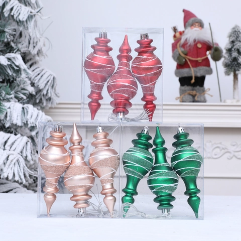 Finial Christmas Ornament Pendants Painted Plastic Spindle Hanging Baubles With Glitter For Christmas Tree Decoration Red Green Gold