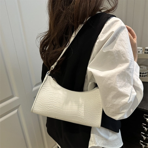 Borsa Sottobraccio Baguette Donna Pelle PU Motivo Coccodrillo Lucido Minimalista Francese Vintage Borsa A Spalla Pendolarismo
