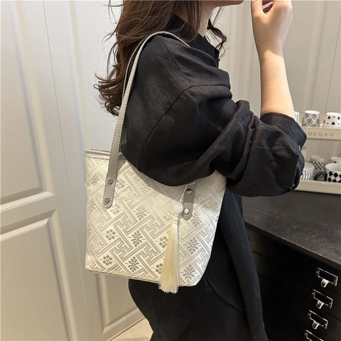 Borsa Tote Jacquard da Donna Nuovo Stile Cinese Motivo Floreale Geometrico Borsa a Tracolla Con Nappina Manico in PU