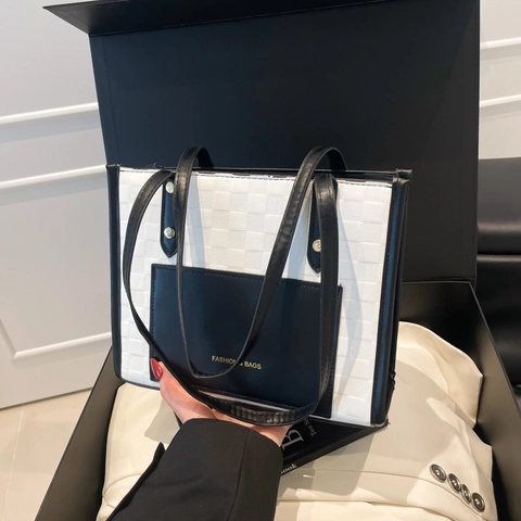 Damen PU Leder Tote Bag Große Kapazität Schachbrettmuster Color Block Schultertasche Urban Simpel Commuter Retro Stil