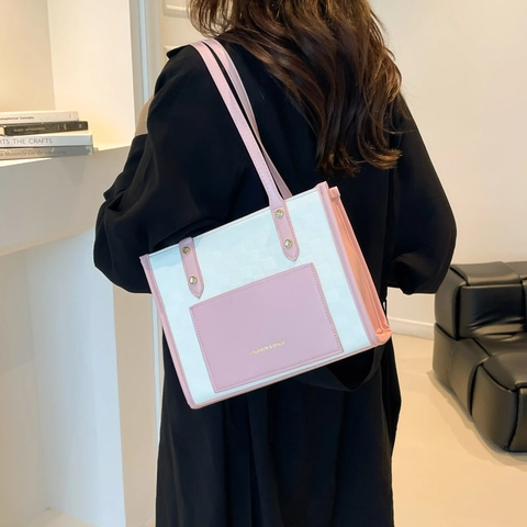 Damen PU Leder Tote Bag Große Kapazität Schachbrettmuster Color Block Schultertasche Urban Simpel Commuter Retro Stil