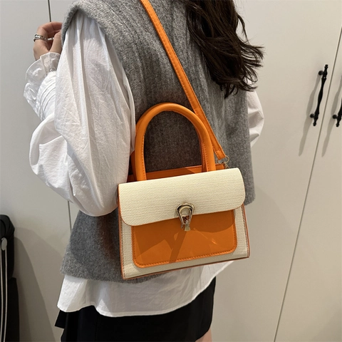 Women Crossbody Bag PU Leather Woven Patchwork Handbag Small Square Purse With Metal Buckle Adjustable Strap