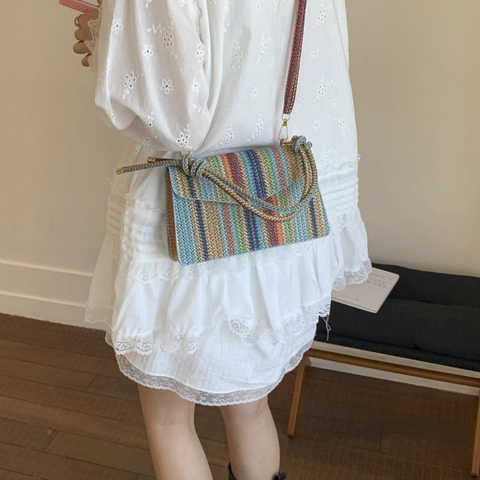 Gestreifte Gewebte Flap Umhängetasche Für Damen Mit Knotengriff Sommer Lässige Mode Handtasche