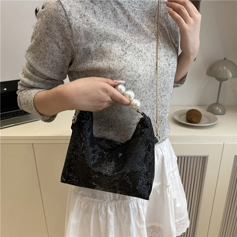 Sac Bandoulière Femme Élégant avec Poignée en Künstliche Perle Motif Peau de Serpent Sac Sous les Bras en Cuir PU