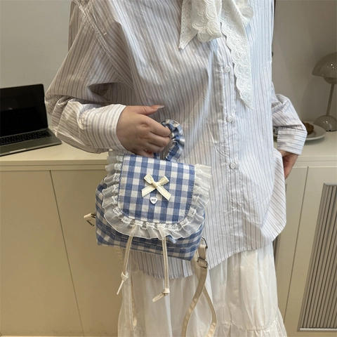 Japanischer Süßer Stil Karierter Mini Rucksack Für Damen Süßer Spitze Schleife Kordelzug Rucksack Academy Stil Schultasche