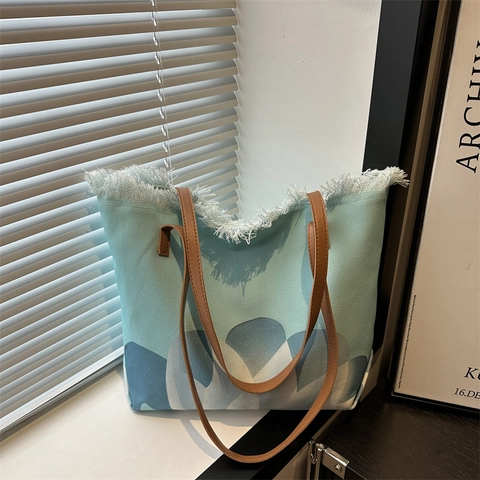 Borsa Tote in Tela a Grande Capacità per Donna Bordo Sfrangiato Stampa Floreale Borsa a Tracolla Casual Borsa da Spiaggia Viaggio