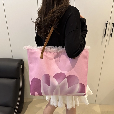 Large Capacity Canvas Tote Bag For Women Frayed Edge Tassel Printed Floral Shoulder Bag Minimalist Travel Daily Commuting Handbag