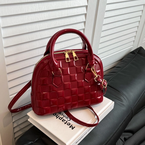 Women's Elegant Shell Handbag In Patent Leather With Square Embossing Features Gold Hardware And Niche Design For Daily Use