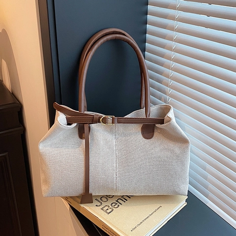 Women Vintage Knitted Fabric Tote Bag Large Capacity Handbag Synthetic Leather Straps Metal Buckle Casual Underarm Bag