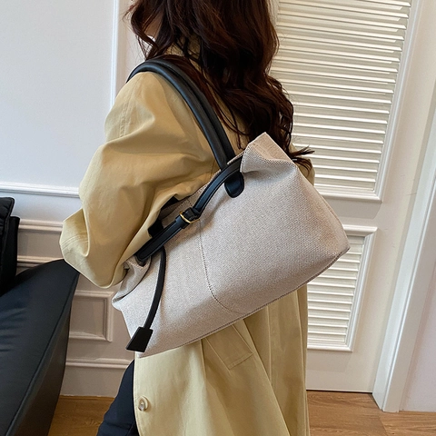 Women Vintage Knitted Fabric Tote Bag Large Capacity Handbag Synthetic Leather Straps Metal Buckle Casual Underarm Bag