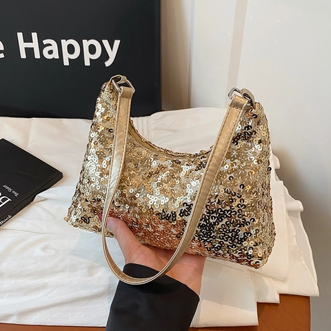 Damen Pailletten Achseltasche Glänzend Metallic Schultertasche Für Party Bankett Mode Hobo Tasche Kunstleder Strap Reißverschluss