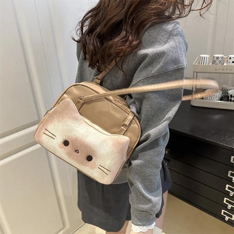 Cat Face Cartoon Crossbody Bag For Women PU Leather And Plush Material Small Square Handbag Casual Cute Shoulder Bag