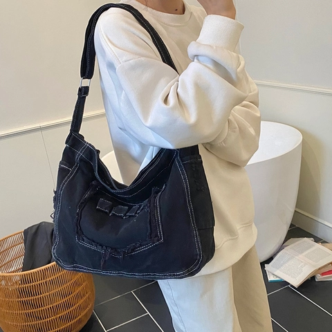 Vintage Denim Crossbody Bag Large Capacity Distressed Frayed Edges Adjustable Strap Women Casual Shoulder Hobo Bag