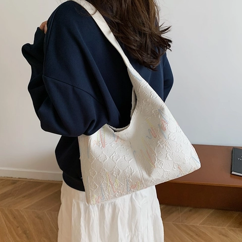 Dames Koreaanse Mode Nylon Onderarm Schoudertas Met Pouch Set Grote Capaciteit Draagtas Reliëf Letters Borduurwerk