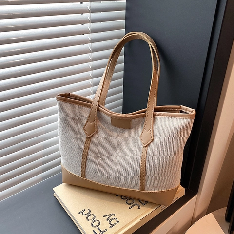 Damen Kontrastfarben Canvas Tote Bag Große Kapazität Minimalistische Schultertasche Mit Kunstleder Besatz Elegant